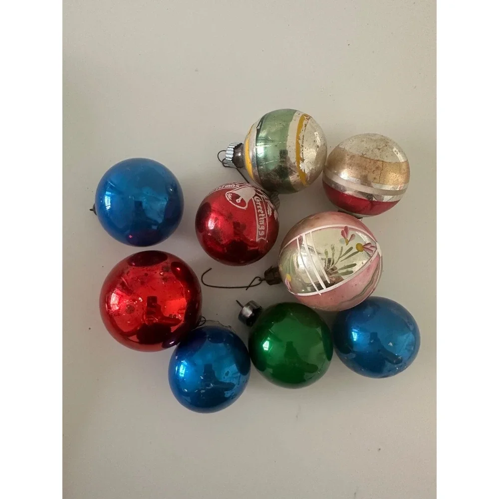 Vtg Poland Pink Flower Shiny Brite USA‎ Glass Ball Christmas Ornament Set 9